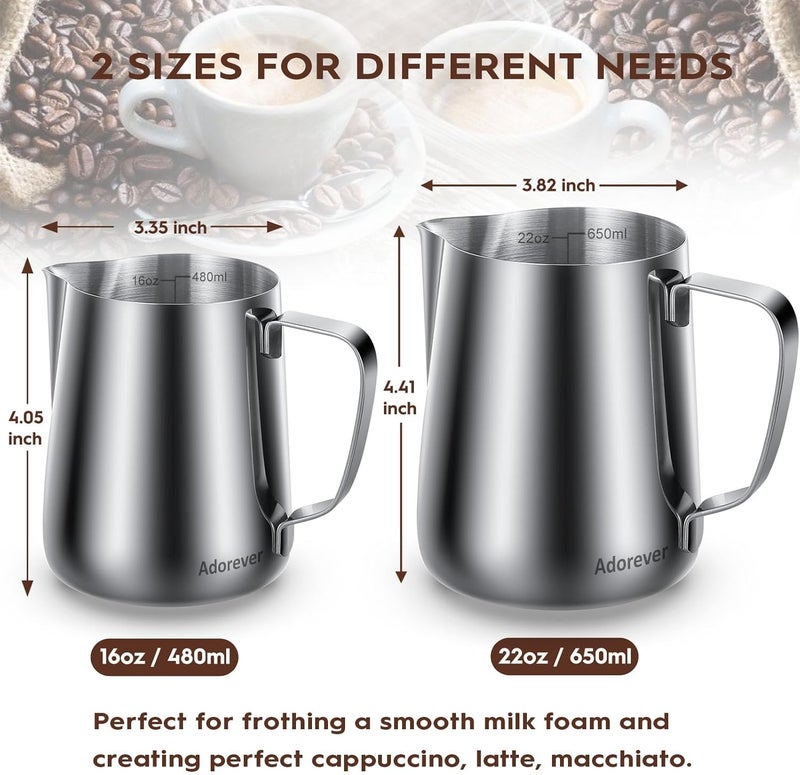 Adorever Milk Frothing Pitcher, 16oz 480ml Milk Frother Cup Stainless Steel Steaming Pitcher, Coffee Bar Cappuccino Espresso Machine Accessories Barista Tools, Steamer Cup Milk Jug with Latte Art Pen - Image 3